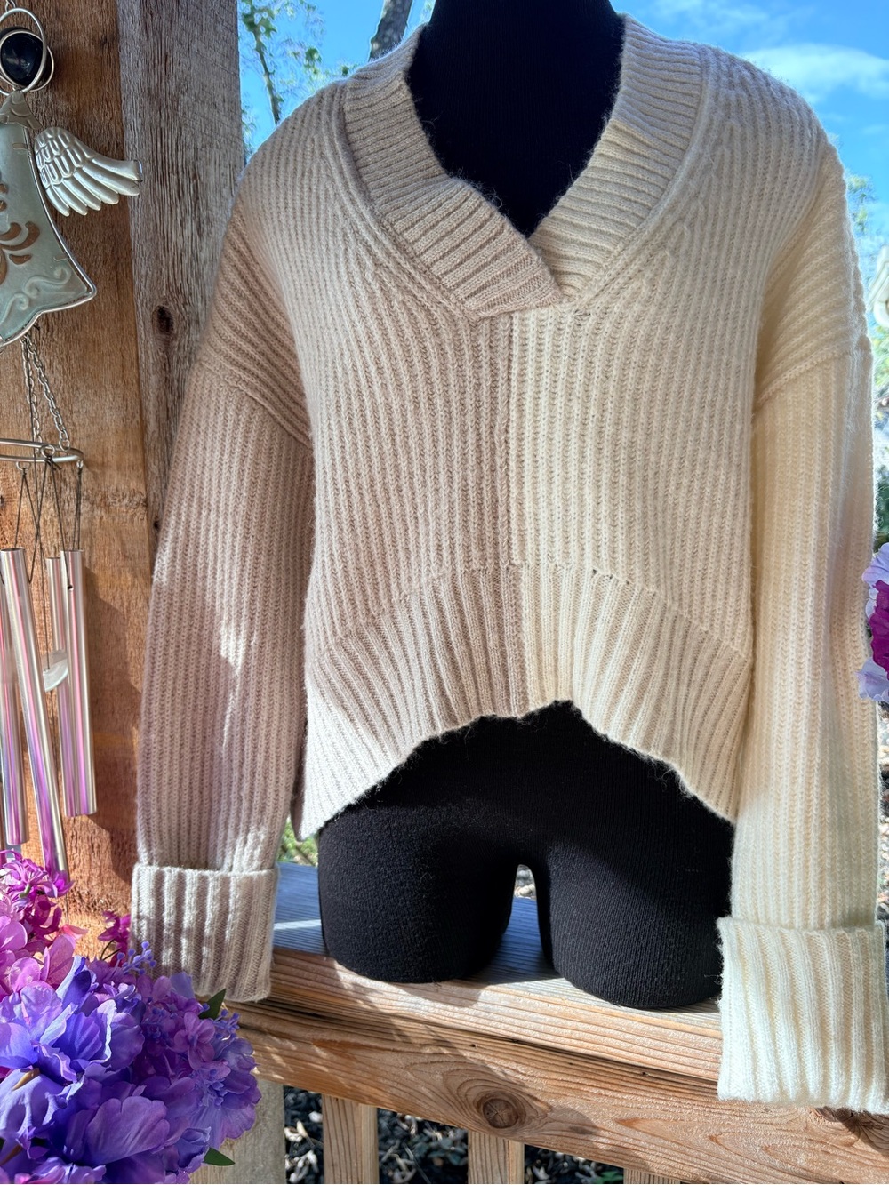 Altar’d State Mocha & Ivory Sections Ribbed Soft High Low Style V-Neck Sweater